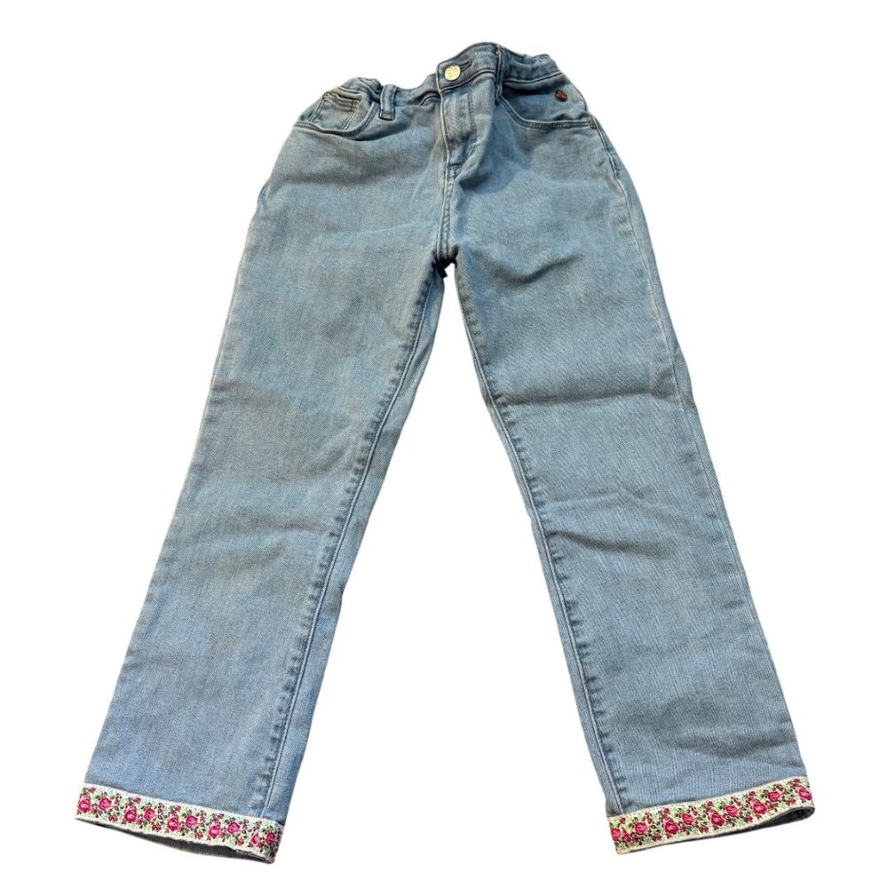 Matilda Jane Girls Denim Jeans W/ Floral Trim Size 10 Adjustable Waist Light Was